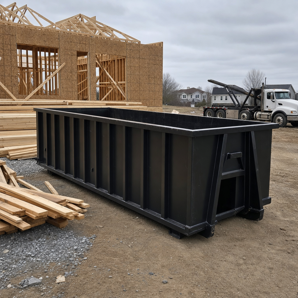 Matte-black 40-yard roll-off dumpster staged on a framed-out residential construction site in Coeur D'Alene, framing lumber stacked nearby, hooklift delivery truck visible in the background under bright Colorado daylight