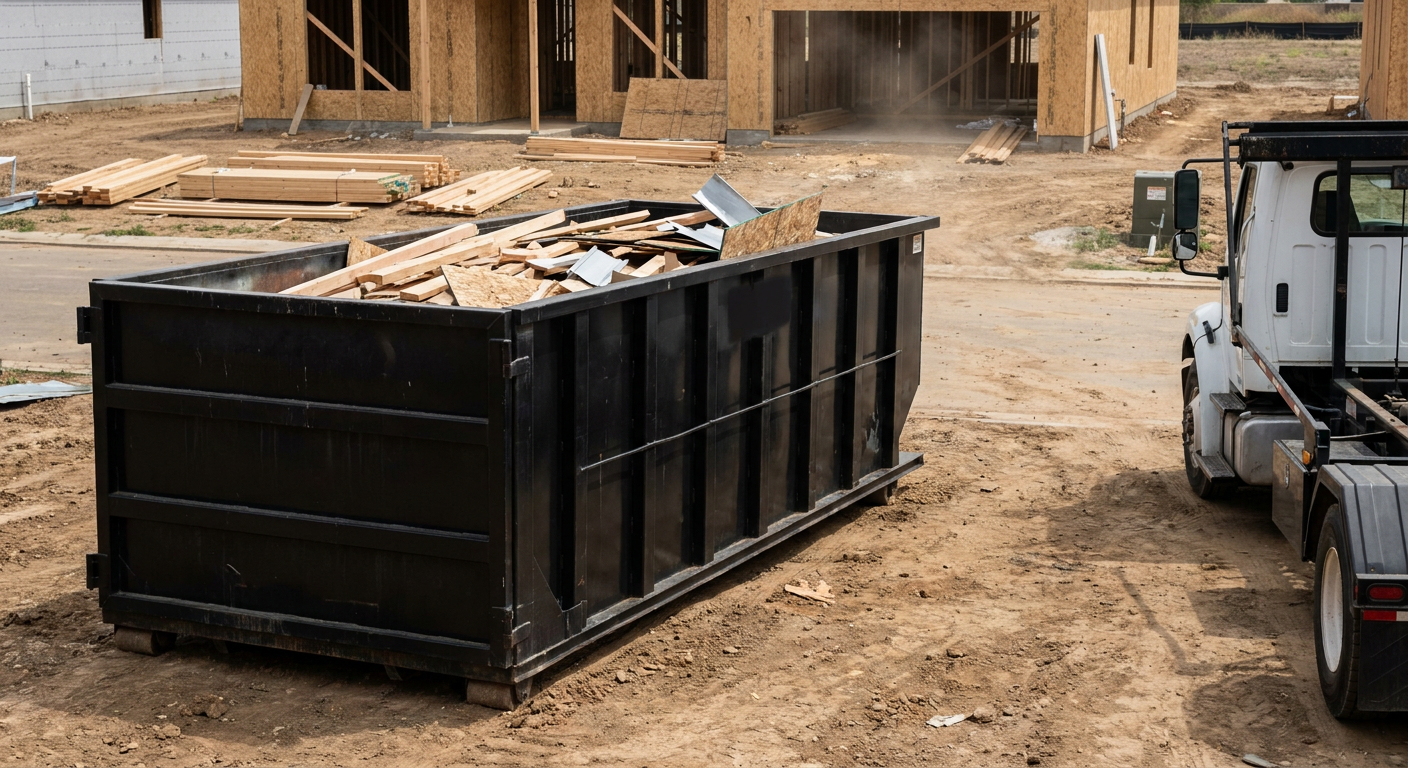 Matte-black 20-yard roll-off construction dumpster with heavy ribbed steel sidewalls and swing rear doors at a working jobsite in Coeur D'Alene, sitting directly on compacted dirt with an unmarked white hauler partially visible at the far edge of the frame.