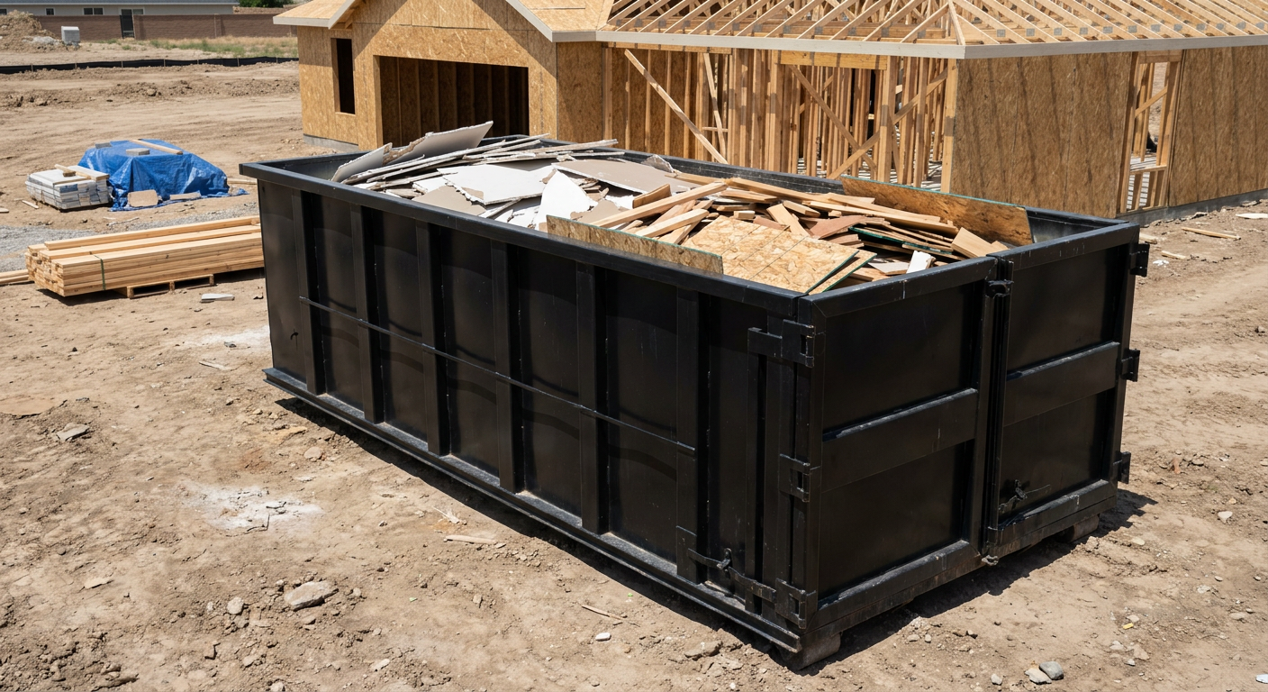 Matte-black 30-yard roll-off construction dumpster sitting directly on the compacted-dirt site of a framed single-family home build in Coeur D'Alene, drywall and lumber scrap loaded inside.
