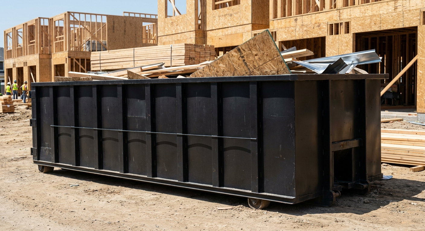 Matte-black 40-yard roll-off construction dumpster being lowered from a white-cab hooklift delivery truck onto the compacted-dirt jobsite at a commercial build site in Coeur D'Alene