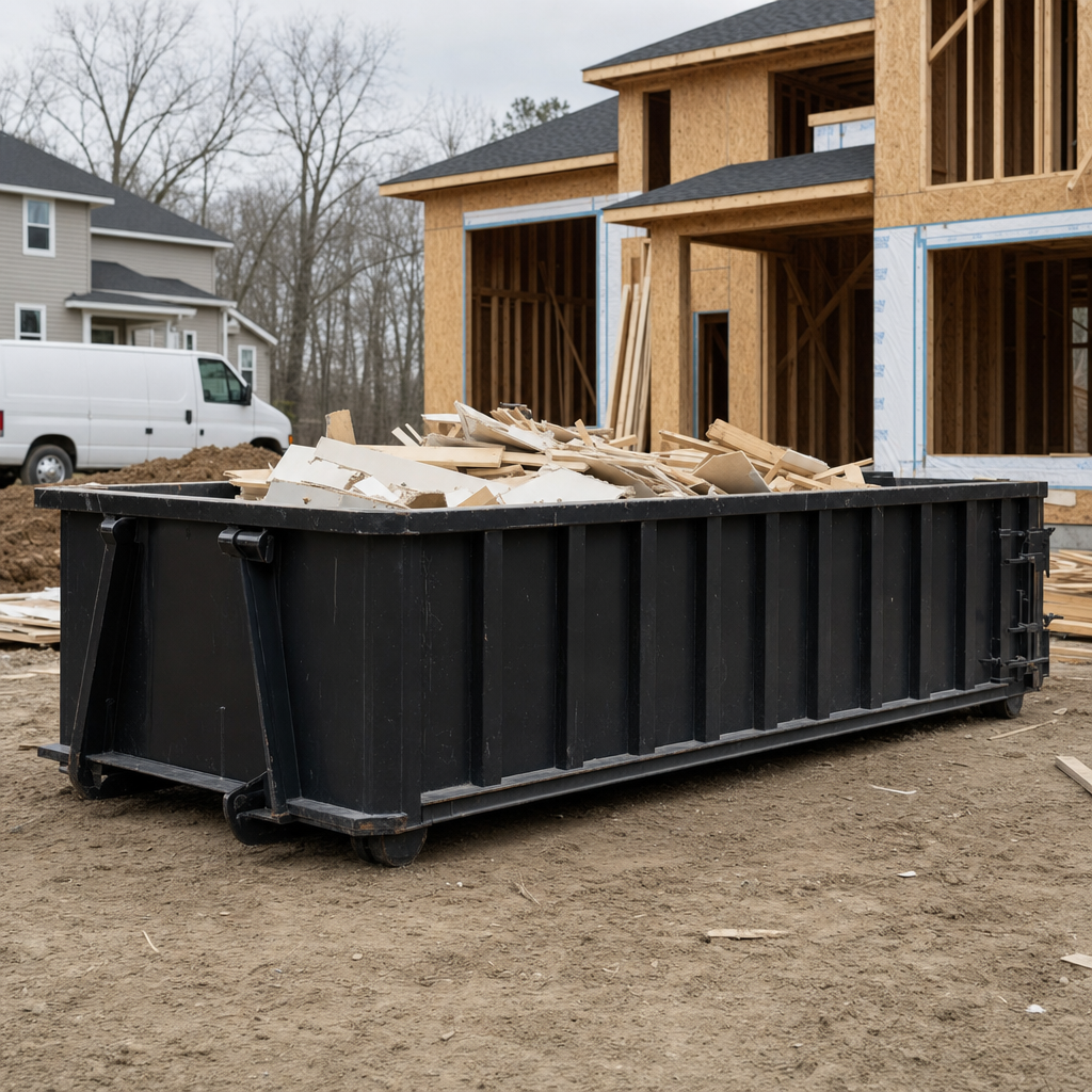 Worker in a yellow high-visibility vest tossing framing lumber and broken drywall into a matte-black 30-yard construction roll-off dumpster on an active build site in Coeur D'Alene, bright daylight