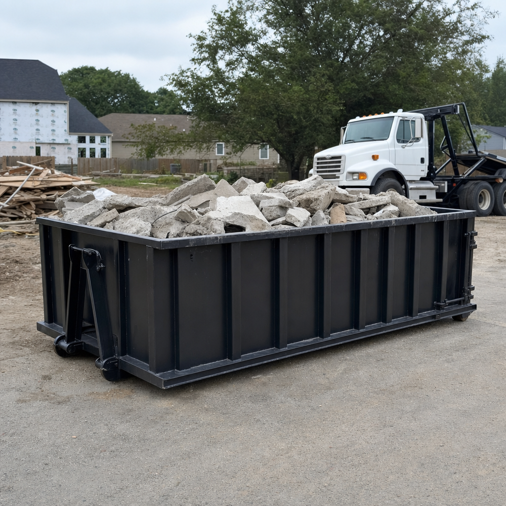 Low-profile matte-black lowboy roll-off dumpster loaded with broken concrete slab and rebar at a foundation tear-out in Coeur D'Alene, skid steer parked beside it, sunny Colorado morning