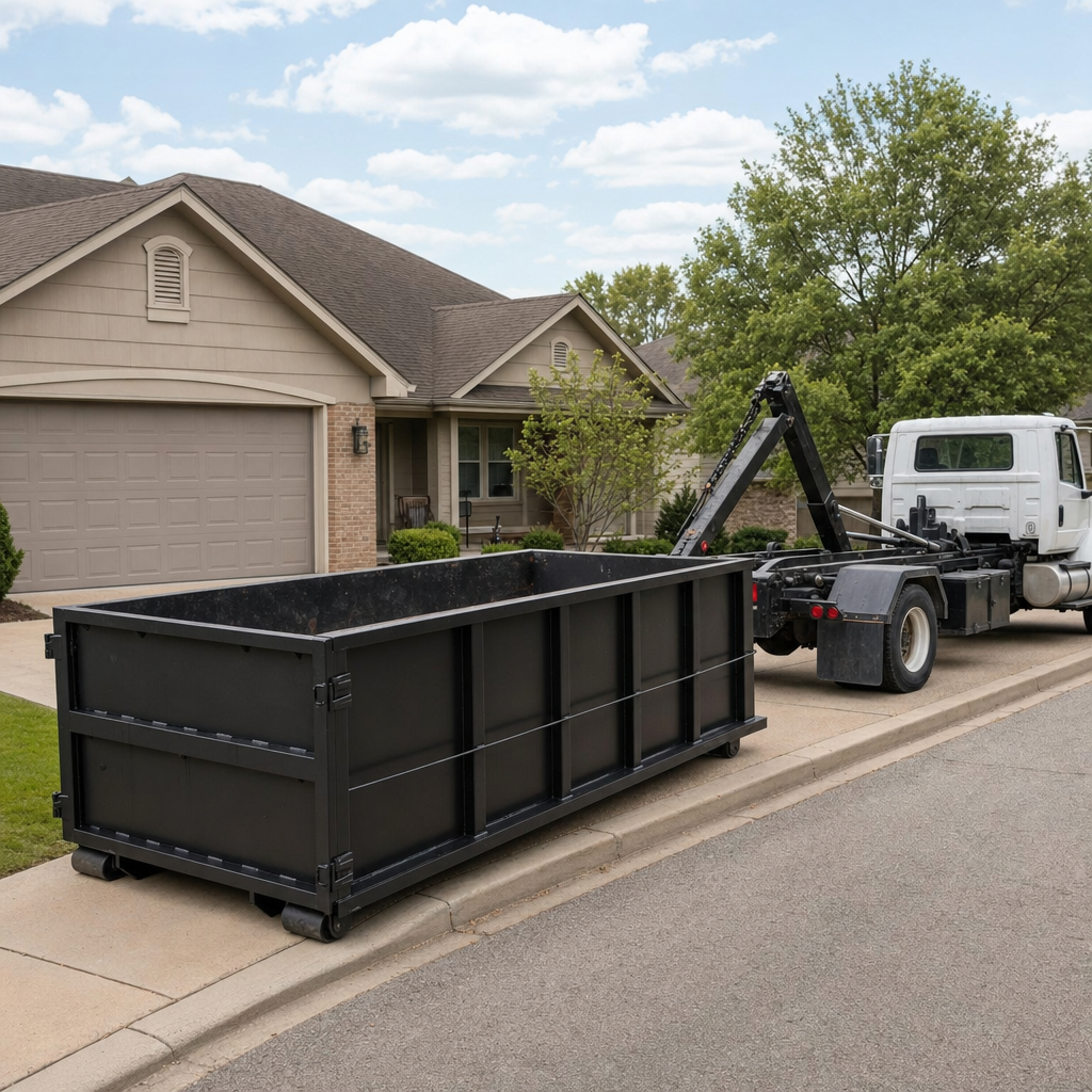 Wide documentary shot of a matte-black roll-off dumpster on a Coeur D'Alene residential driveway in the foreground and a contractor jobsite container in the soft-focus background, bright daylight, calm and orderly composition.