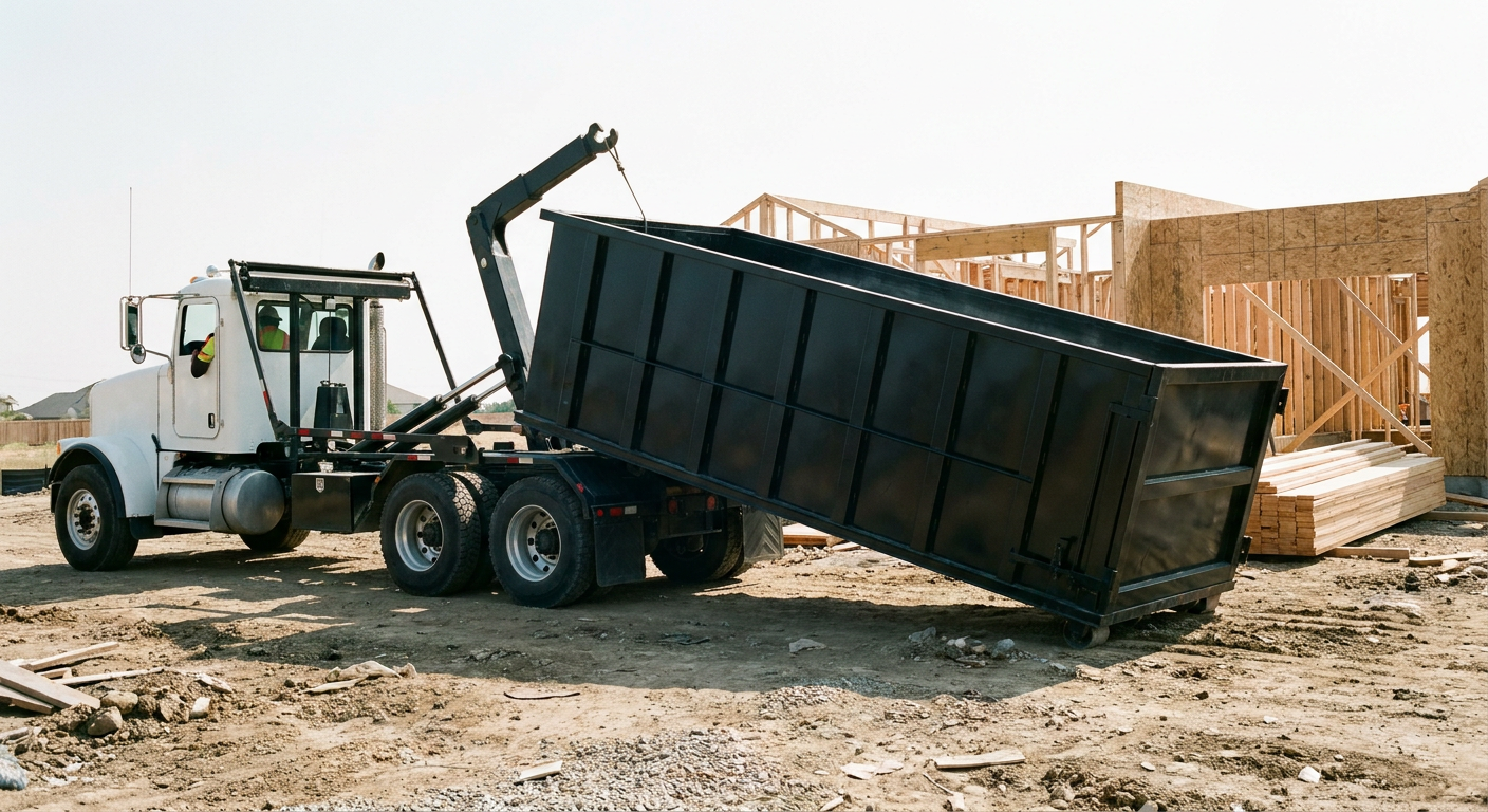 Matte-black roll-off dumpster being delivered onto a clean residential concrete driveway in Coeur D'Alene by an unmarked white hooklift hauler truck, bright morning daylight, documentary 35mm perspective.