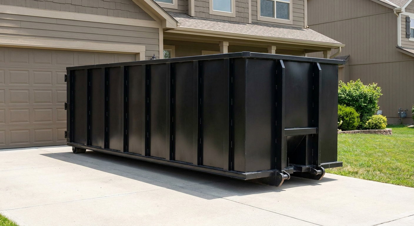 Matte-black residential roll-off dumpster sitting directly on a suburban Coeur D'Alene concrete driveway, garage door closed, single-family home in background, bright morning daylight.