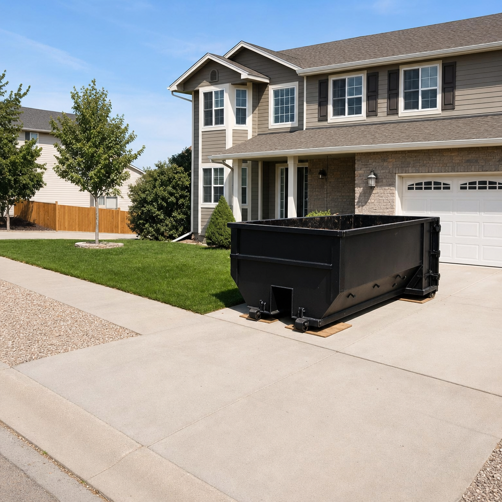 10-yard matte-black residential dumpster placed directly on a narrow Coeur D'Alene concrete driveway, room remains for a parked sedan beside it, mid-morning natural light