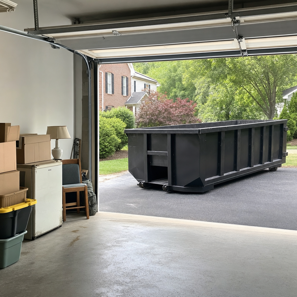 Open garage interior in a Coeur D'Alene home mid-cleanout — boxed items, an old appliance, and stacked yard tools queued near the driveway for a matte-black roll-off dumpster, organized and calm