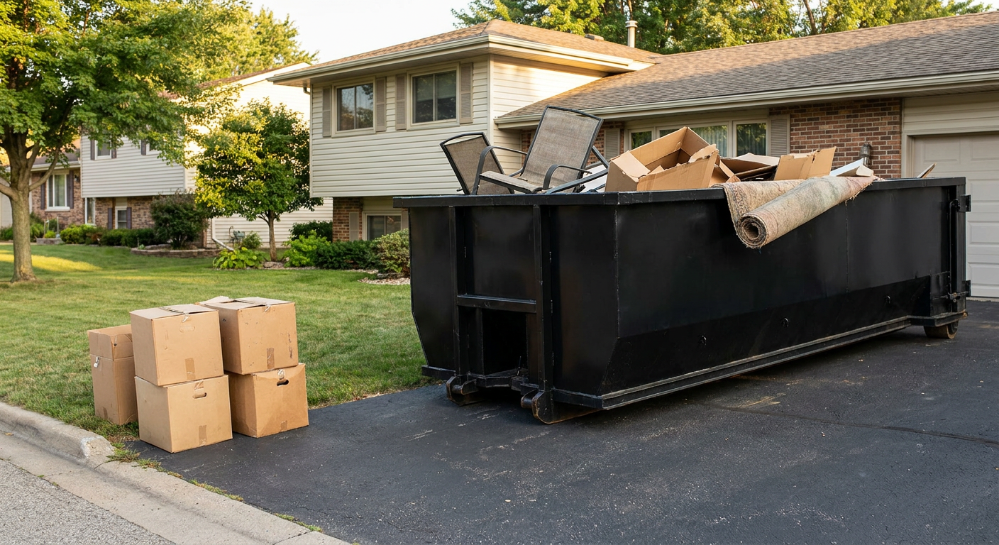 Front-yard view of a Coeur D'Alene split-level home with a 20-yard matte-black roll-off dumpster sitting directly on the asphalt driveway, a few clearly labeled donation boxes staged at the curb, calm sunny afternoon.