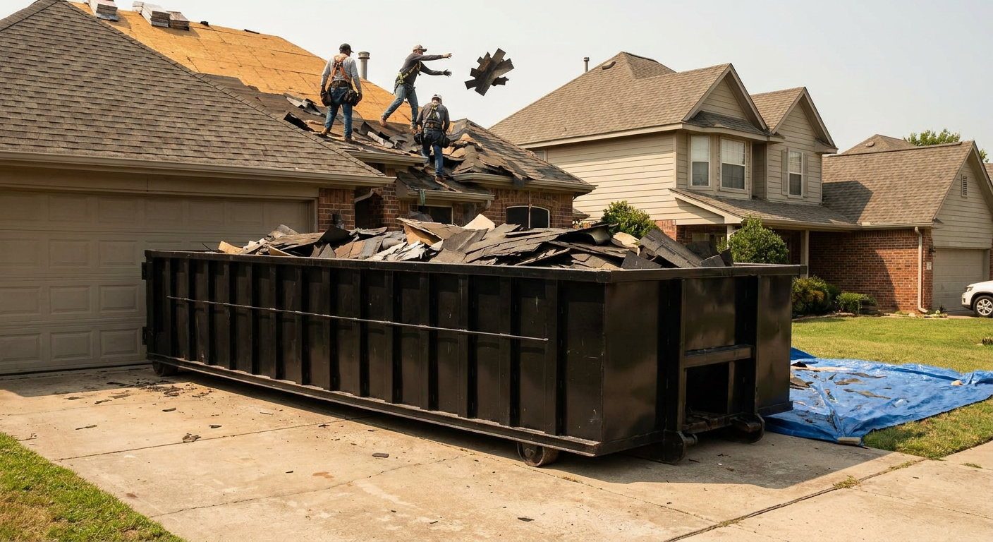 Matte-black roofing roll-off dumpster placed directly on a Coeur D'Alene residential concrete driveway, a tear-off crew on a two-story asphalt-shingle roof tossing shingle bundles into the low-walled container, bright daylight, documentary 35mm perspective.