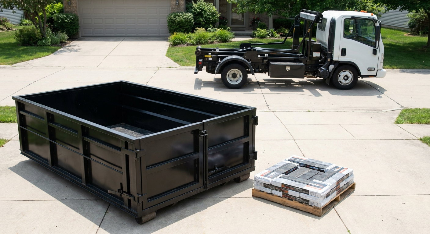 Matte-black 15-yard roofing roll-off dumpster with reinforced low side walls sitting directly on a Coeur D'Alene residential concrete driveway, three-tab asphalt shingle bundles stacked nearby, an unmarked white hauler truck partially visible at the edge of the frame.