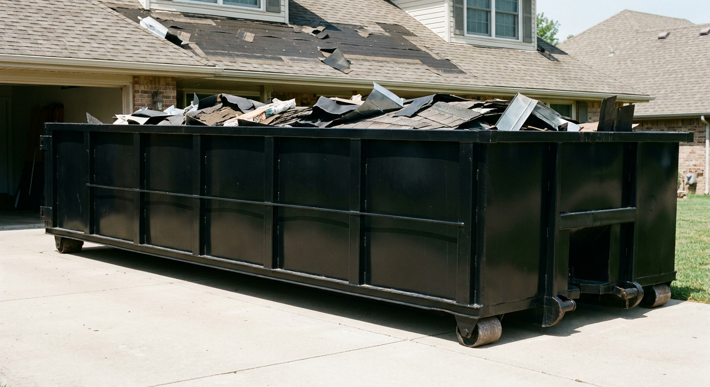 Matte-black 20-yard roofing roll-off dumpster with steel ribbed sides and swinging rear door, sitting directly on the concrete driveway of a two-story Coeur D'Alene home, asphalt shingle debris being loaded over the low wall, clean documentary lighting.