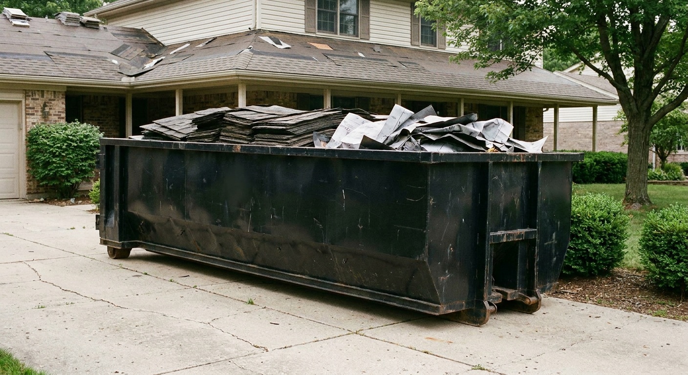 Matte-black 30-yard roofing roll-off dumpster sitting directly on a Coeur D'Alene concrete driveway, taller ribbed steel side panels, mixed tear-off debris of asphalt shingles and underlayment inside, professional documentary daylight.