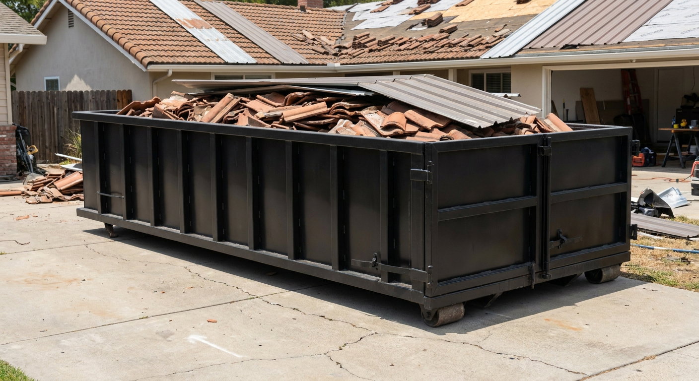 Matte-black low-wall heavy-debris roofing roll-off dumpster sitting directly on a Coeur D'Alene concrete driveway, broken concrete clay roof tiles and metal panel sections loaded inside, reinforced ribbed steel side walls visible, bright outdoor daylight.