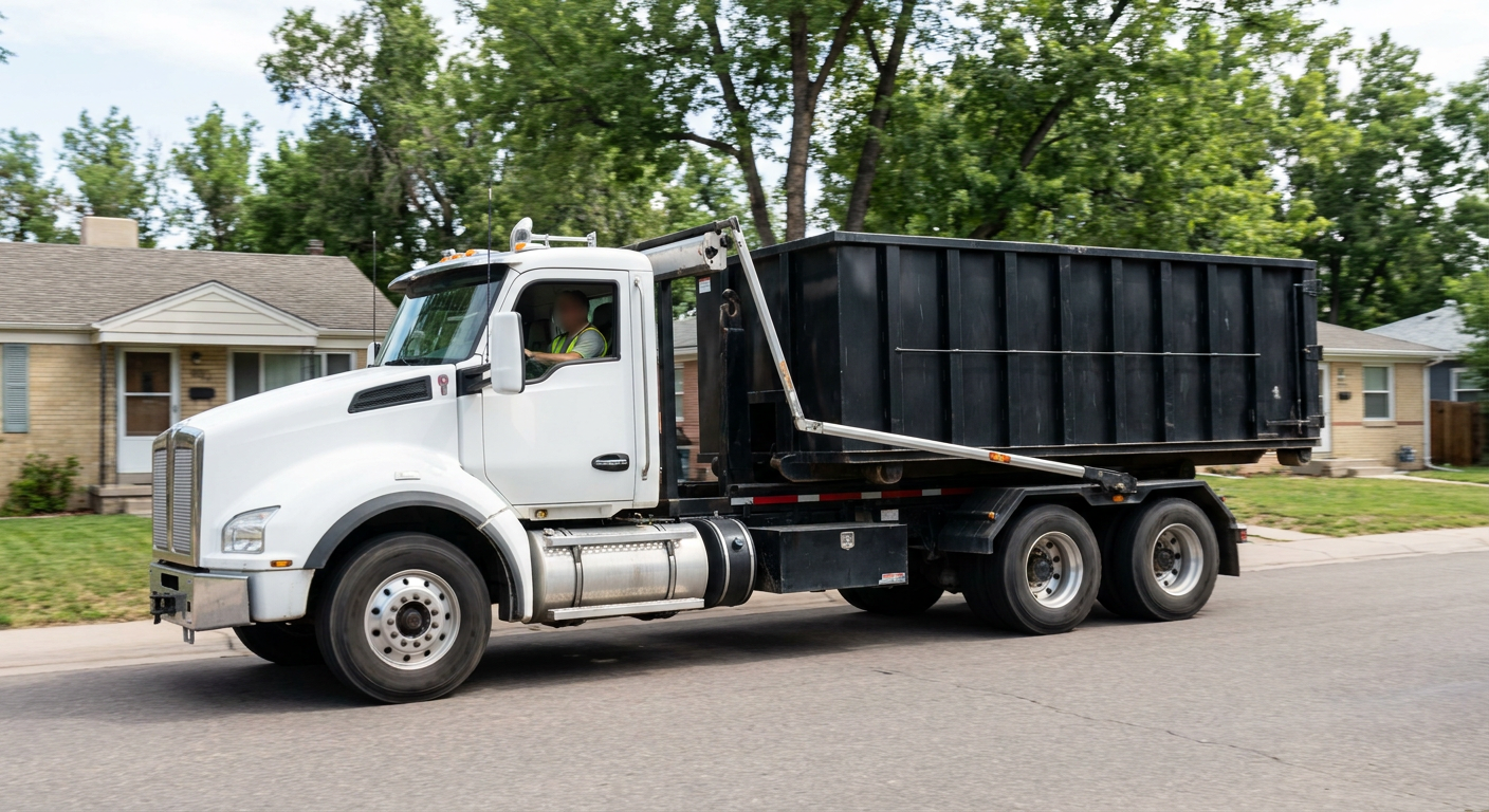 A matte-black roll-off dumpster being delivered onto a quiet Post Falls, ID residential street at mid-morning, neighborhood rooftops and tree-lined blocks behind, documentary daylight.