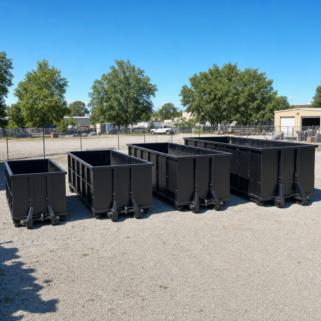 A clean lineup of matte-black roll-off dumpsters in 10, 20, 30, and 40-yard sizes staged on a sunlit gravel yard in Coeur D'Alene, showing the size progression from compact to commercial-scale containers.