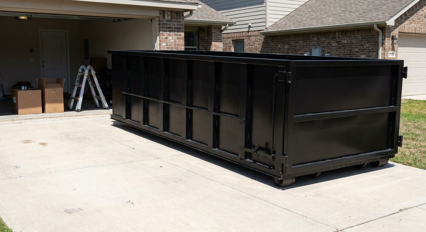 A matte-black 10-yard roll-off dumpster sitting directly on a residential Coeur D'Alene concrete driveway, mid-day sunlight, clean and ready for a garage cleanout.