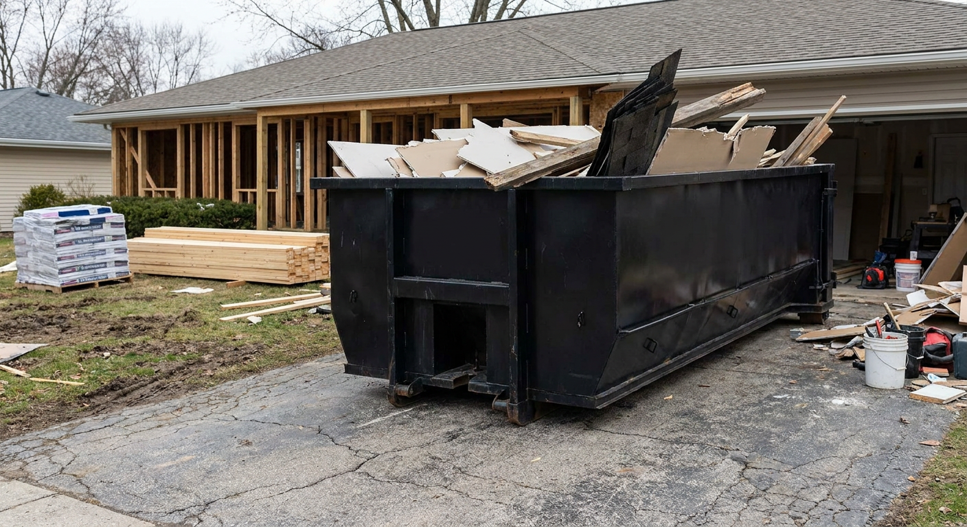 A matte-black 20-yard roll-off dumpster placed alongside a mid-renovation Coeur D'Alene home directly on the asphalt driveway, with framing materials and torn-off shingles staged neatly nearby.