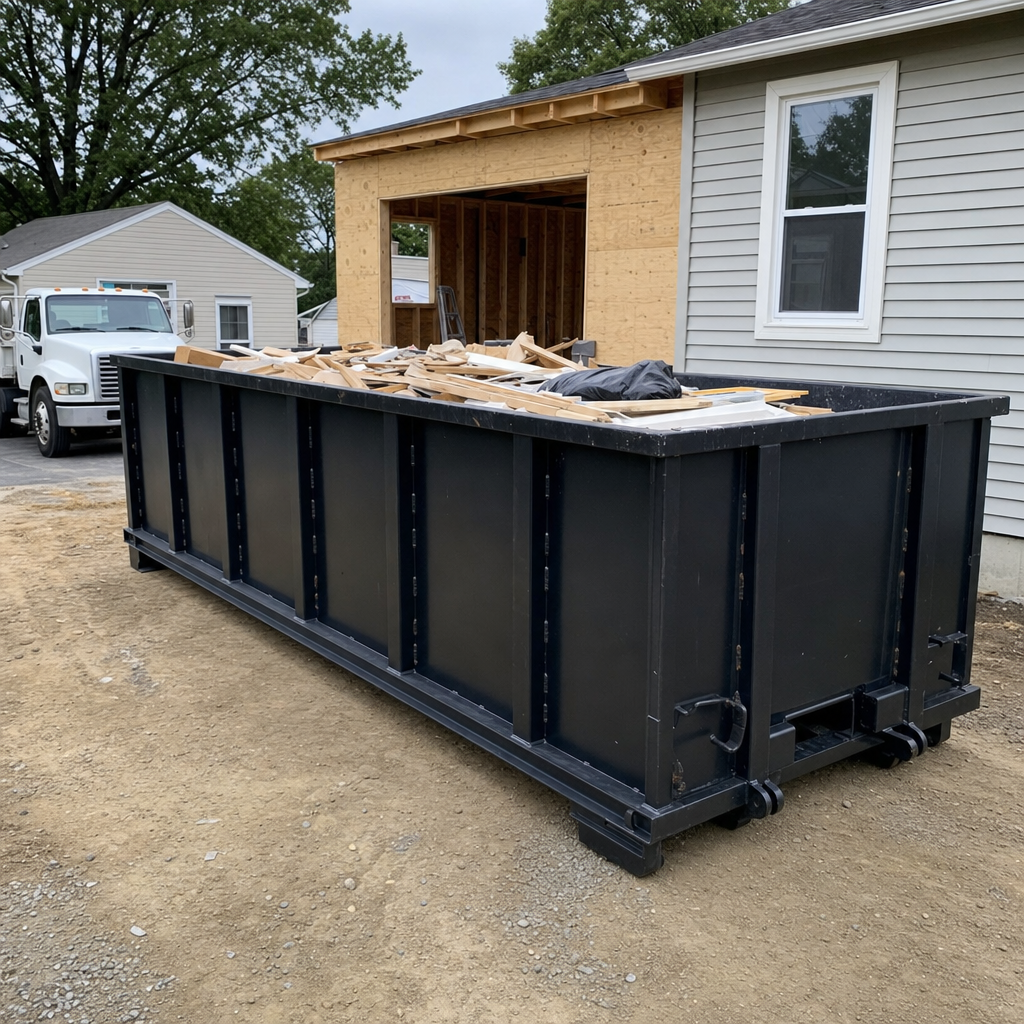 A matte-black 30-yard roll-off dumpster positioned at a Coeur D'Alene residential addition jobsite, with framing lumber and drywall scraps loaded through the open swinging rear doors.