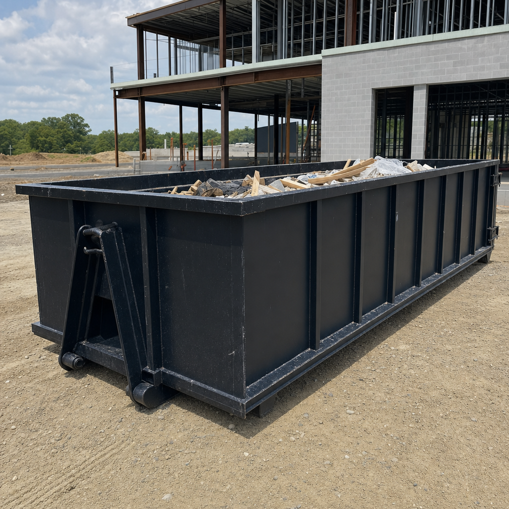 A matte-black 40-yard roll-off dumpster staged on a large Coeur D'Alene commercial construction lot, with a hooklift delivery truck parked alongside under bright midday sky.