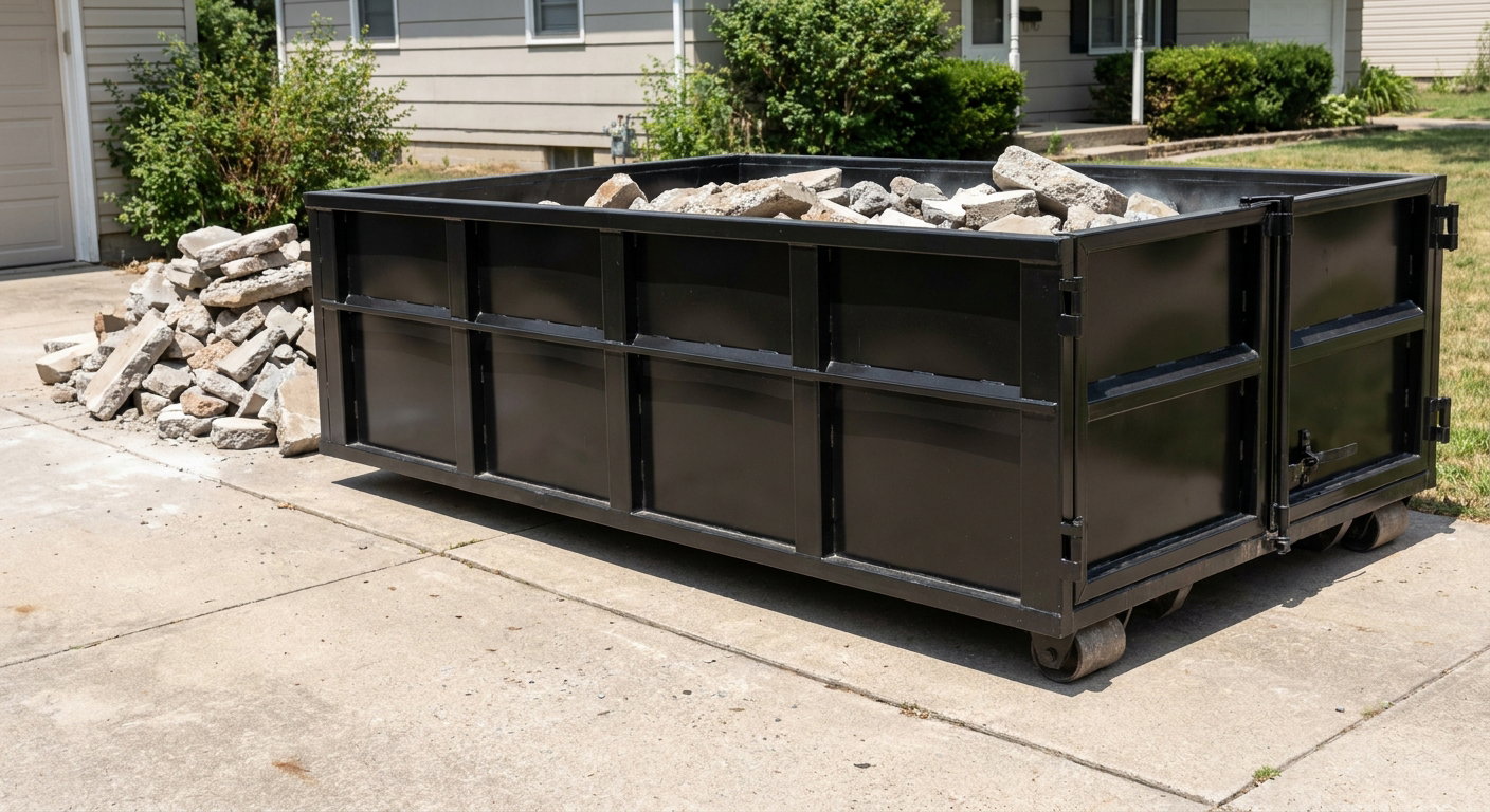 A matte-black low-side heavy-debris roll-off dumpster placed directly on a Coeur D'Alene concrete driveway, with broken concrete chunks neatly stacked beside it under clean daylight.
